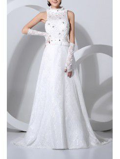 Gioiello pizzo treno cappella a-line abito da sposa con paillettes