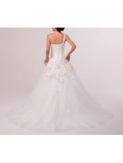 Tulle One Shoulder Cathedral Train Ball Gown Wedding Dress with Embroidered