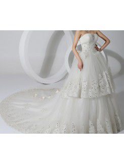 Organza Scoop Chapel Train A-line Wedding Dress with Crystal