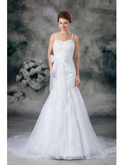 Organza Spaghetti Sweep Train Sheath Sash Wedding Dress