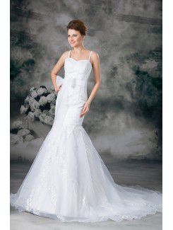 Organza Spaghetti Sweep Train Sheath Sash Wedding Dress