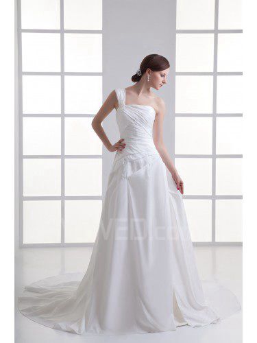 Taffeta One-Shoulder A-line Sweep Train Wedding Dress