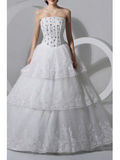 Pizzo senza spalline cattedrale treno abito da sposa a-line con il cristallo