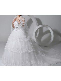 Lace Strapless Cathedral Train A-line Wedding Dress with Crystal