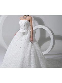 Lace Scoop Chapel Train Ball Gown Wedding Dress with Crystal