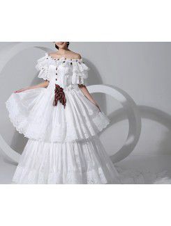 Satin Scoop Cathedral Train Ball Gown Wedding Dress with Handmade Flowers