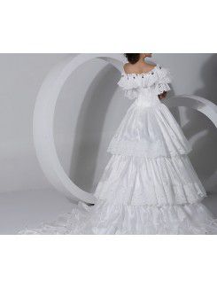 Satin Scoop Cathedral Train Ball Gown Wedding Dress with Handmade Flowers