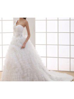 Tulle One Shoulder Cathedral Train Ball Gown Wedding Dress with Handmade Flowers