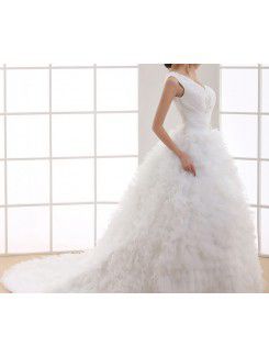 Tulle One Shoulder Cathedral Train Ball Gown Wedding Dress with Handmade Flowers