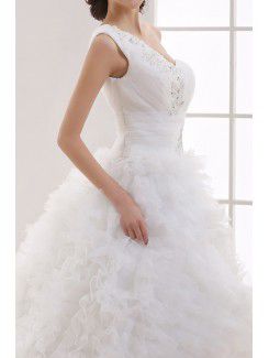 Tulle One Shoulder Cathedral Train Ball Gown Wedding Dress with Handmade Flowers