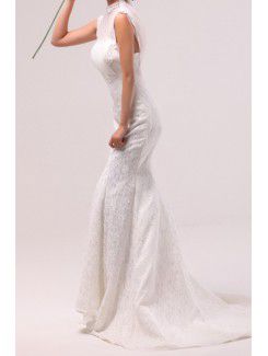 Lace Jewel Chapel Train Mermaid Wedding Dress with Sequins