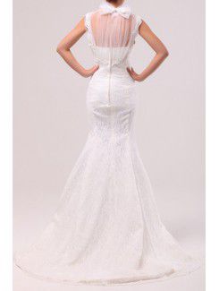 Lace Jewel Chapel Train Mermaid Wedding Dress with Sequins