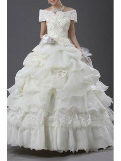 Тюль вне-плечо длина пола бальное платье свадебное платье с жемчугом