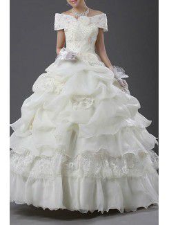 Tulle Off-the-Shoulder Floor Length Ball Gown Wedding Dress with Pearls