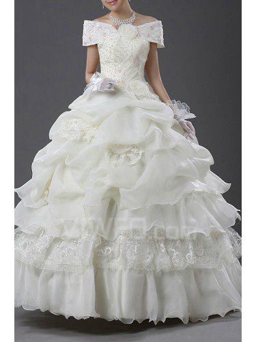 Tulle Off-the-Shoulder Floor Length Ball Gown Wedding Dress with Pearls