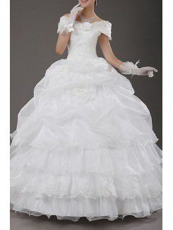 Tulle Off-the-Shoulder Floor Length Ball Gown Wedding Dress with Pearls