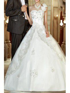 Кружева одно плечо длиной до пола бальное платье свадебное платье с цветами ручной работы
