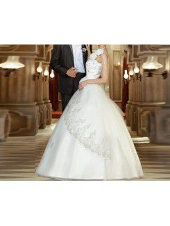 Lace One Shoulder Floor Length Ball Gown Wedding Dress with Handmade Flowers