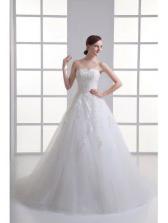 Satin and Net Sweetheart A-line Sweep Train Embroidered Wedding Dress