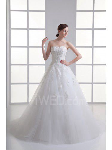 Satin and Net Sweetheart A-line Sweep Train Embroidered Wedding Dress