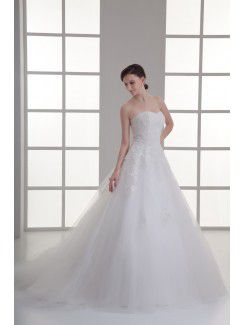 Satin and Net Sweetheart A-line Sweep Train Embroidered Wedding Dress