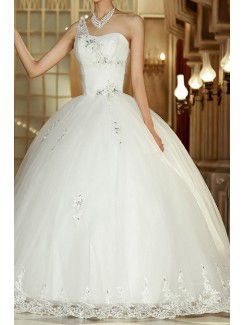 Tulle One Shoulder Floor Length Ball Gown Wedding Dress with Sequins