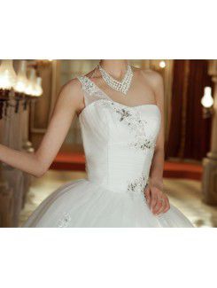 Tulle One Shoulder Floor Length Ball Gown Wedding Dress with Sequins