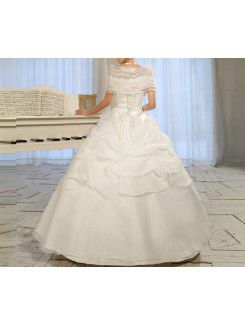 Satin Off-the-Shoulder Floor Length Ball Gown Wedding Dress with Handmade Flowers