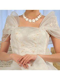 Satin Off-the-Shoulder Floor Length Ball Gown Wedding Dress with Handmade Flowers