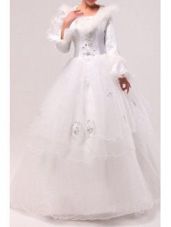 Tulle Jewel Floor Length Ball Gown Wedding Dress with Handmade Flowers