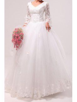 Spets v-hals golv längd balklänning bröllopsklänning med paljetter