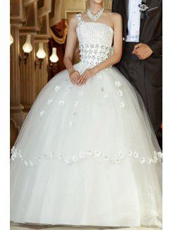 Organza One Shoulder Floor Length Ball Gown Wedding Dress with Sequins