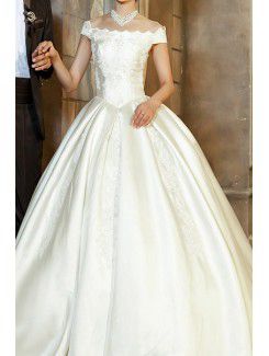 Satin Off-the-Shoulder Floor Length Ball Gown Wedding Dress with Pearls