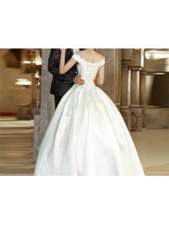 Satin Off-the-Shoulder Floor Length Ball Gown Wedding Dress with Pearls