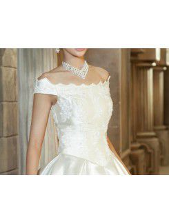 Satin Off-the-Shoulder Floor Length Ball Gown Wedding Dress with Pearls