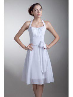 Chiffon Halter Knee Length A-line Sash Short Wedding Dress