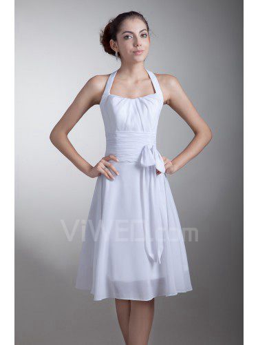 Chiffon Halter Knee Length A-line Sash Short Wedding Dress