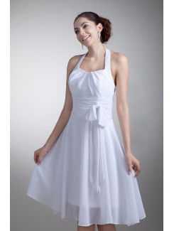 Chiffon Halter Knee Length A-line Sash Short Wedding Dress