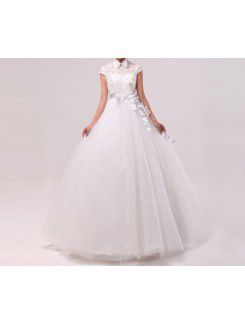 Tulle Jewel Floor Length Ball Gown Wedding Dress with Handmade Flowers