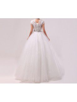 Tulle Jewel Floor Length Ball Gown Wedding Dress with Handmade Flowers