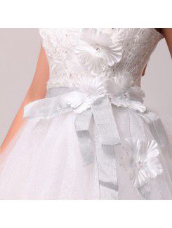 Tulle Jewel Floor Length Ball Gown Wedding Dress with Handmade Flowers