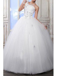 Satin One Shoulder Floor Length Ball Gown Wedding Dress with Handmade Flowers