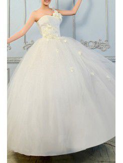 Organza en skulder gulv lengde ball kjole brudekjole med paljetter