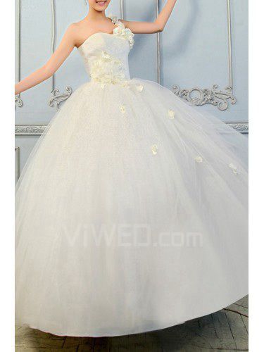Organza en skulder gulv lengde ball kjole brudekjole med paljetter