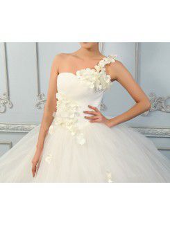 Organza One Shoulder Floor Length Ball Gown Wedding Dress with Sequins