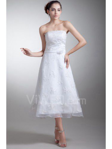 Organza and Satin Strapless Tea-Length A-line Embroidered Wedding Dress