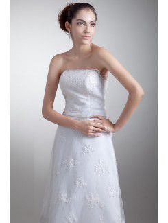 Organza and Satin Strapless Tea-Length A-line Embroidered Wedding Dress