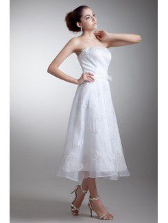 Organza and Satin Strapless Tea-Length A-line Embroidered Wedding Dress