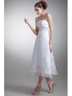 Organza and Satin Strapless Tea-Length A-line Embroidered Wedding Dress