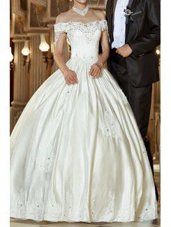 Satin Off-the-Shoulder Floor Length Ball Gown Wedding Dress with Sequins